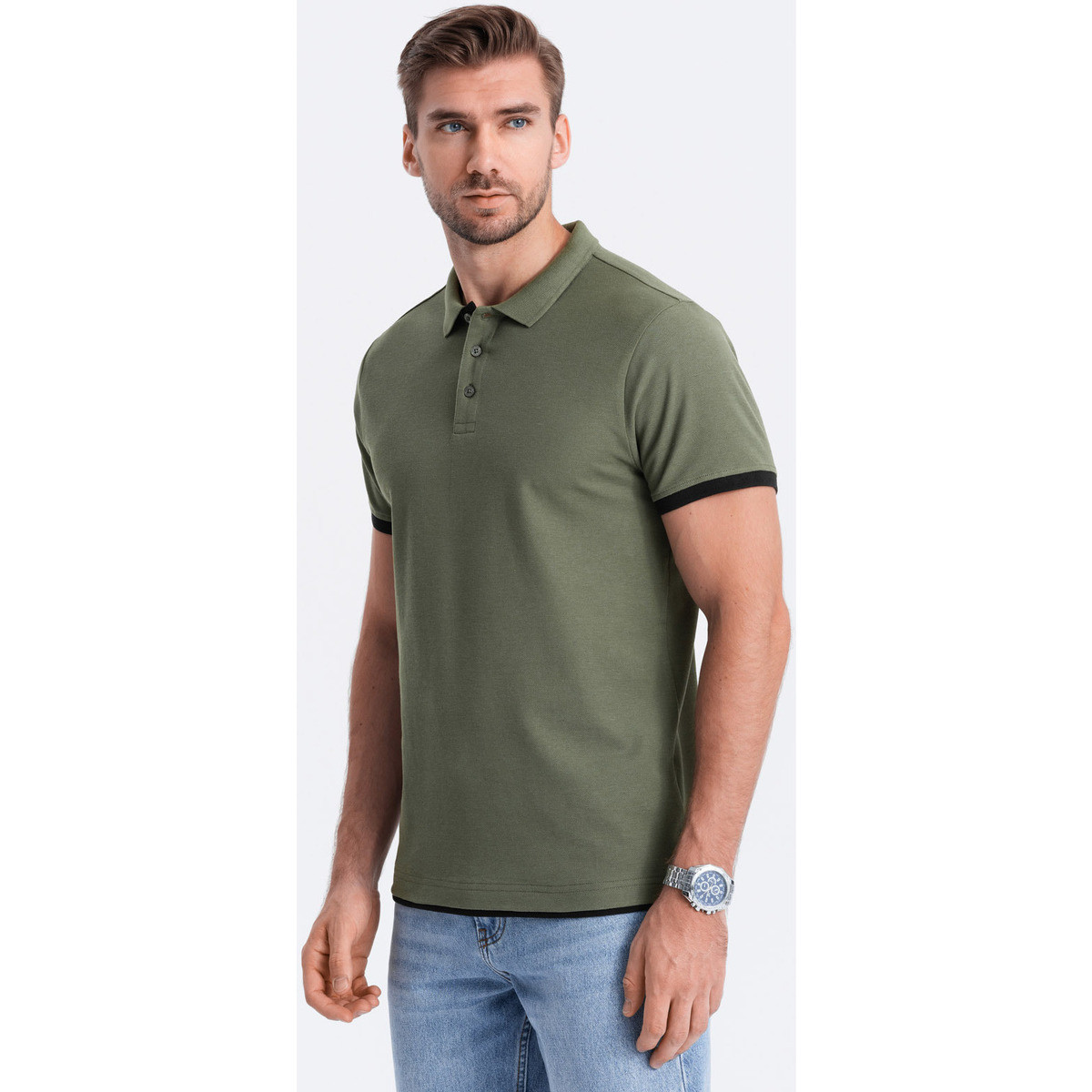Ombre  Men apos;s cotton polo shirt - olive V6 OM-POSS  Zelená