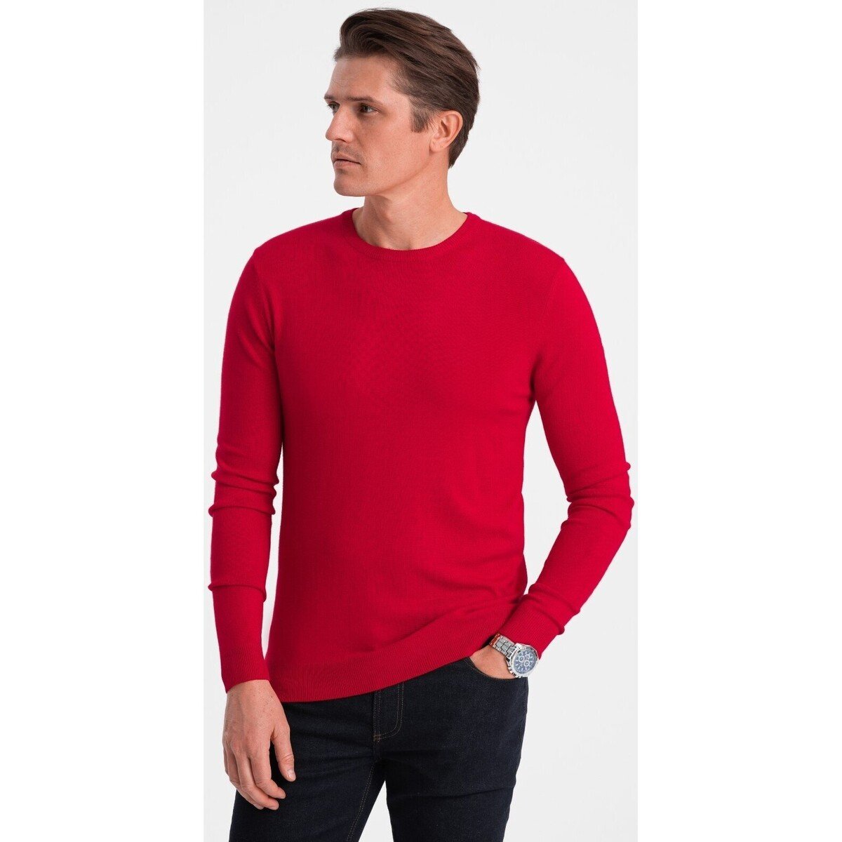 Ombre  Classic men apos;s sweater with round neckline - red V5 OM-SWBS  Červená