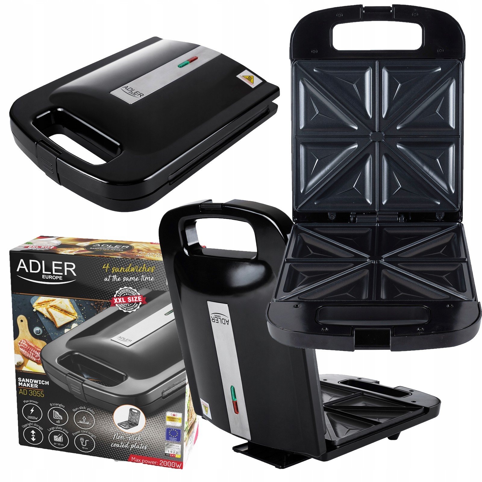 Sendvičovač Toustovač XXL 4 Velké Sendviče Sendvičovač 2000W Adler Non-stick