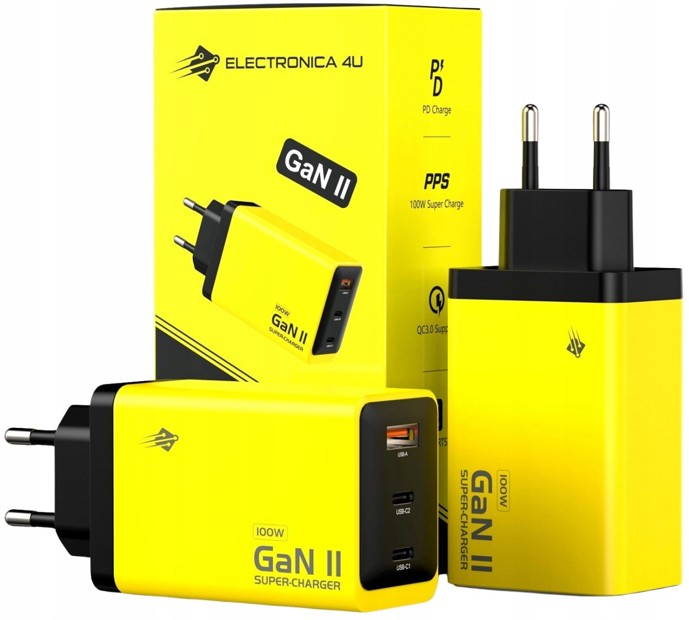 Rychlá síťová nabíječka GaN II 100W Qc 3.0 2x Usb C 1x Usb A