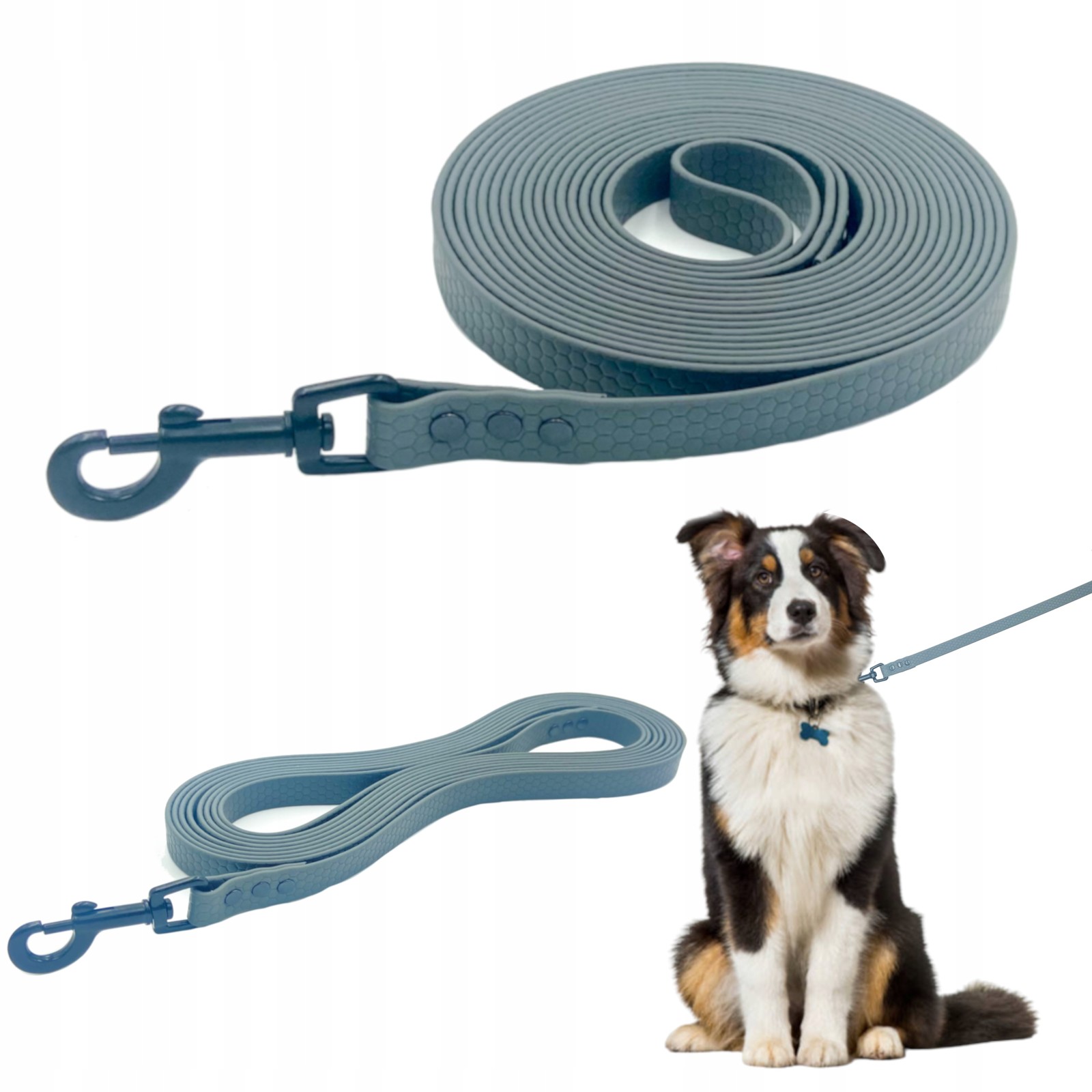 Vodítko pro psa dlouhá voděodolná tréninková páska Biothane silná 10 m šedá