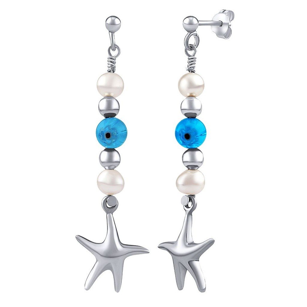 Silvego Stříbrné náušnice Triton s pravými perlami, hvězdami a korálkami PRM20261EPW
