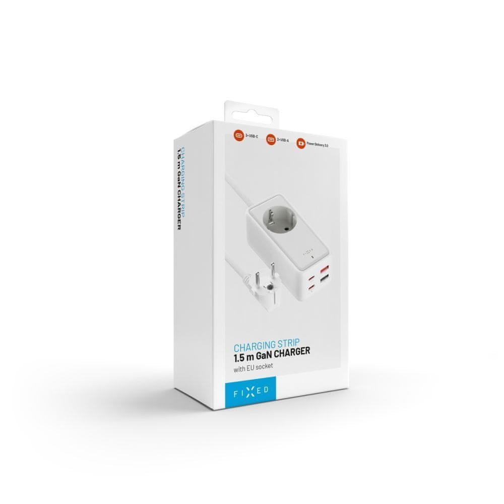 FIXED Síťový prodlužovací adaptér Charging Strip s 2x USB-C a 2x USB, GaN III, 3m, PD 65W, bílý