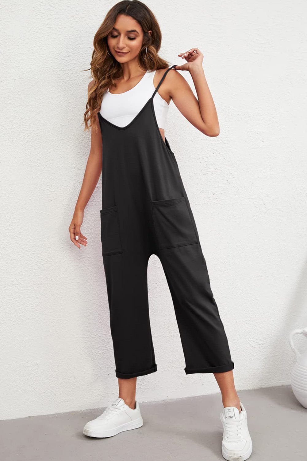 OMG Black Pocketed Adjustable Spaghetti Strap Straight Leg Jumpsuit LC6411524-2-L_parent_Black (US 12-14)L