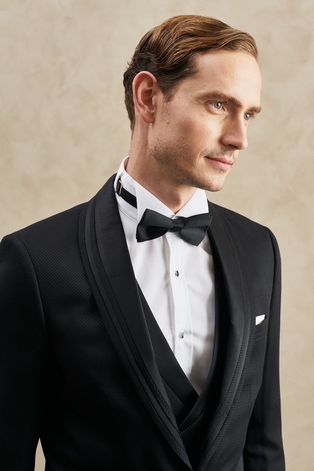 ALTINYILDIZ CLASSICS Men's Black Slim Fit Narrow Cut Mono Collar Patterned Vest Tuxedo Suit