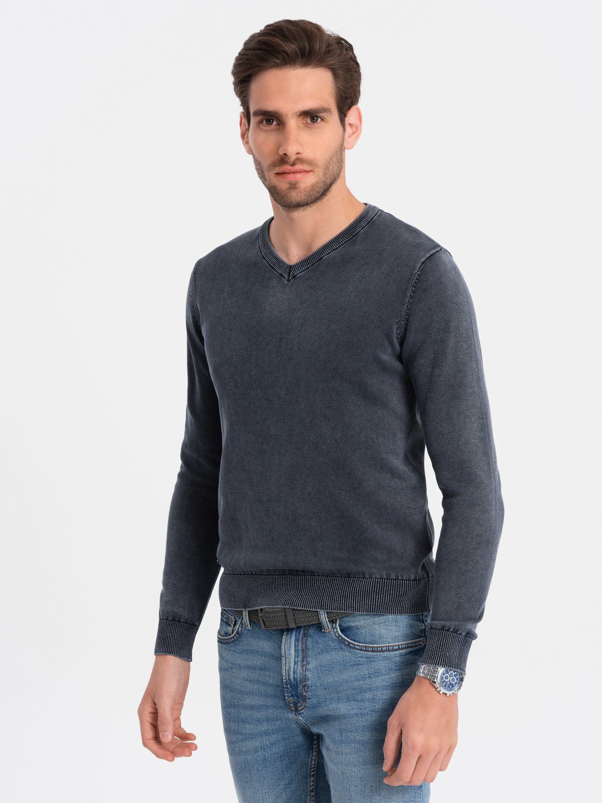 Ombre Washed men's sweater with v-neck - navy blue