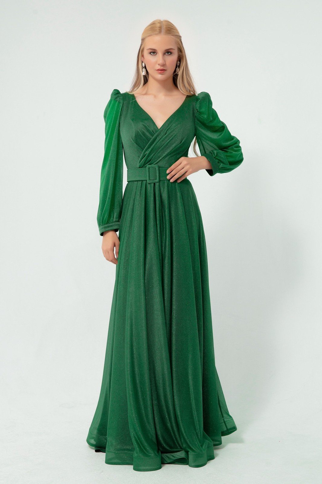 Lafaba Women's Emerald Green Double Breasted Neck Silvery Long Flared Evening Dress