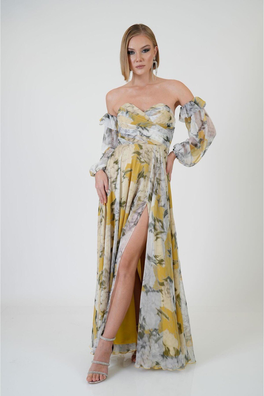 Carmen Yellow Strapless Slit Printed Evening Dress