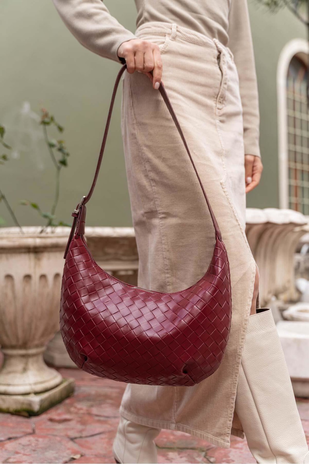 Madamra Burgundy Women's Knitted Patterned Big Bag
