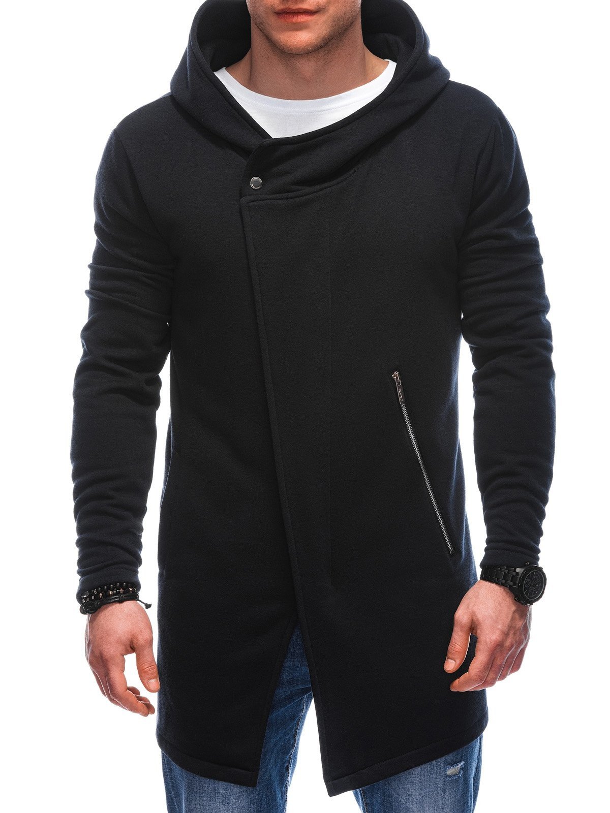 Edoti Men's asymmetrical unbuttoned hooded sweatshirt OM-SSZP-0111