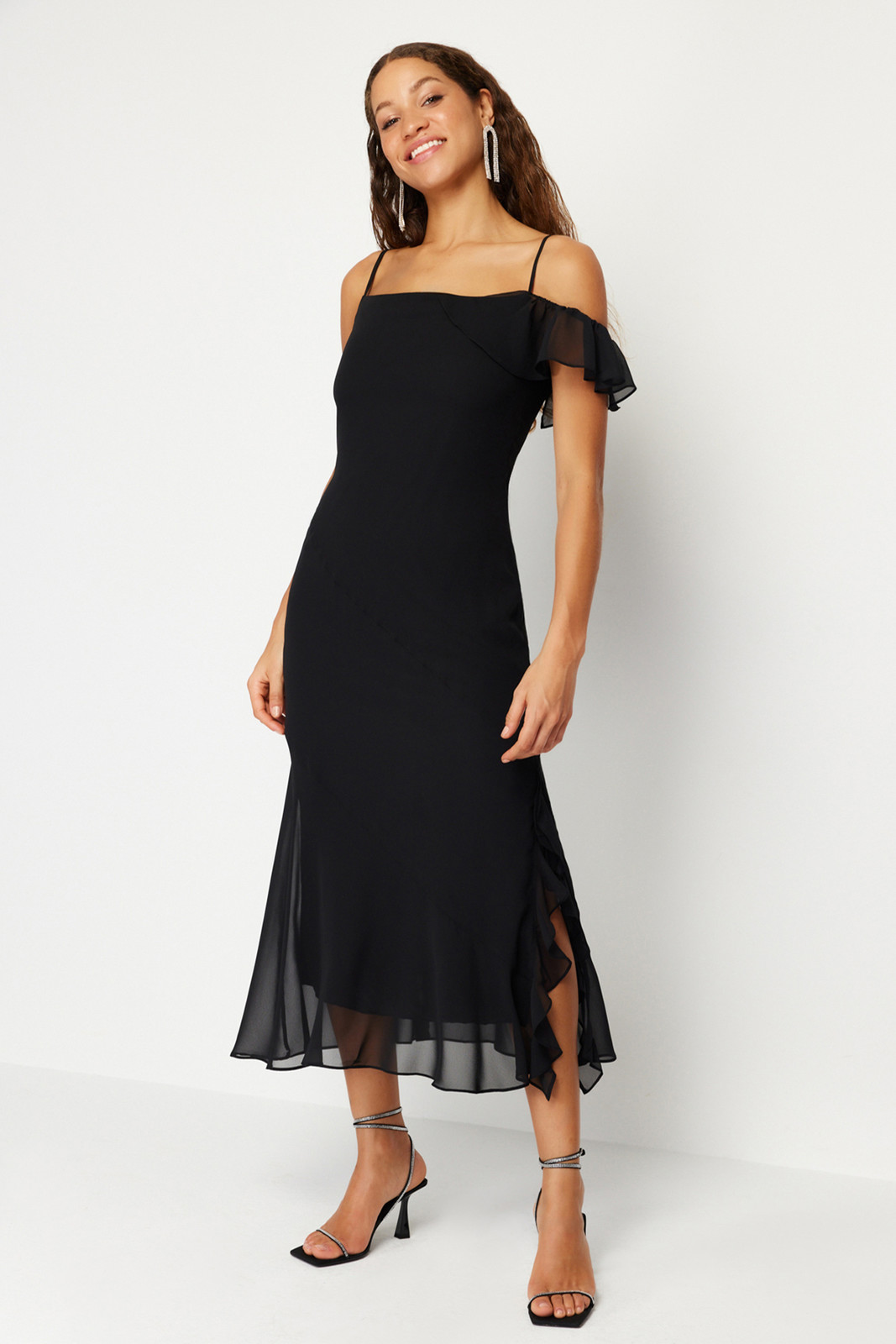Trendyol Black Flounce Chiffon Elegant Evening Dress