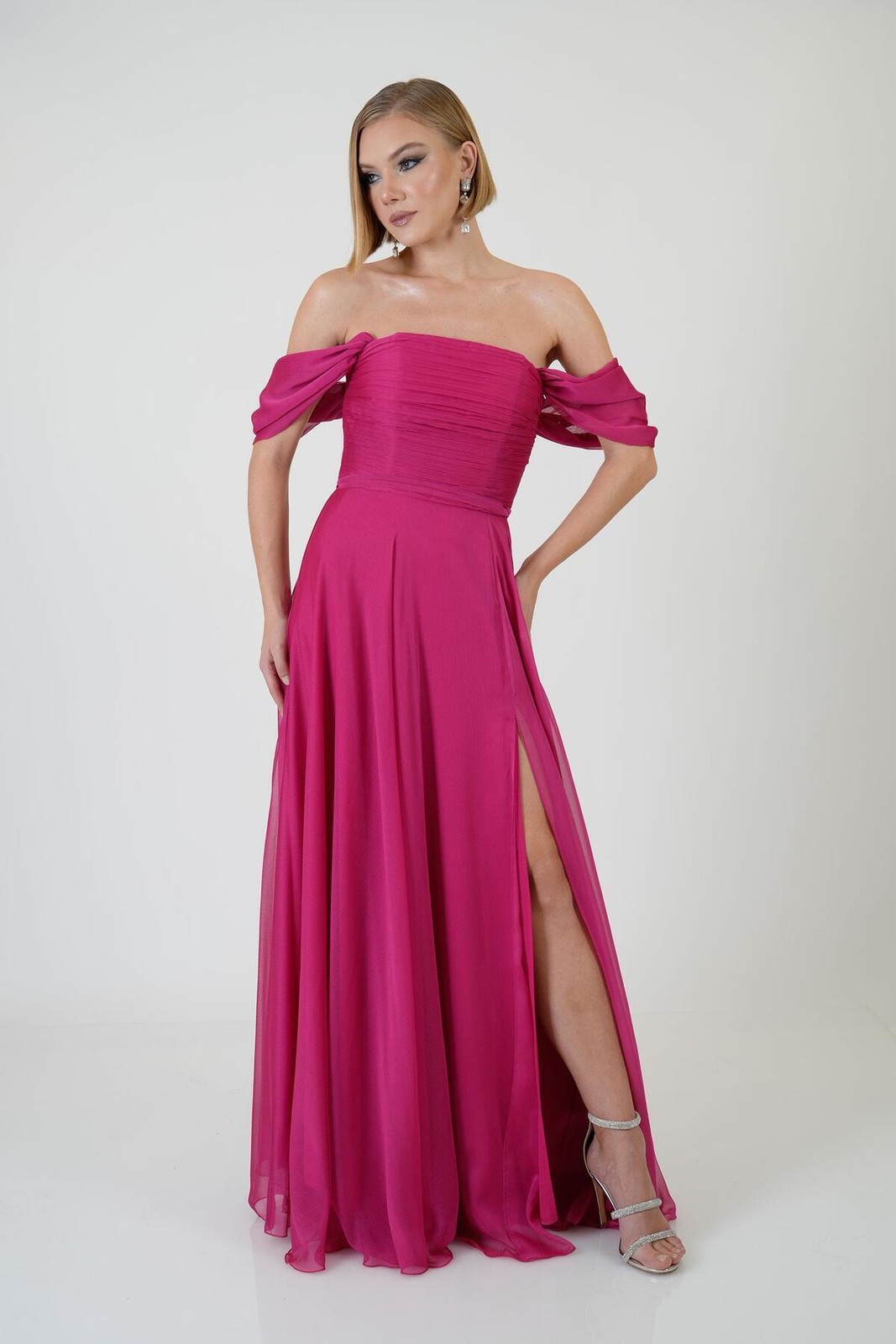 Carmen Fuchsia Low Sleeve Slit Chiffon Evening Dress