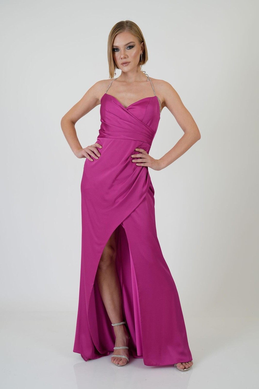 Carmen Fuchsia Stone Strap Satin Evening Dress
