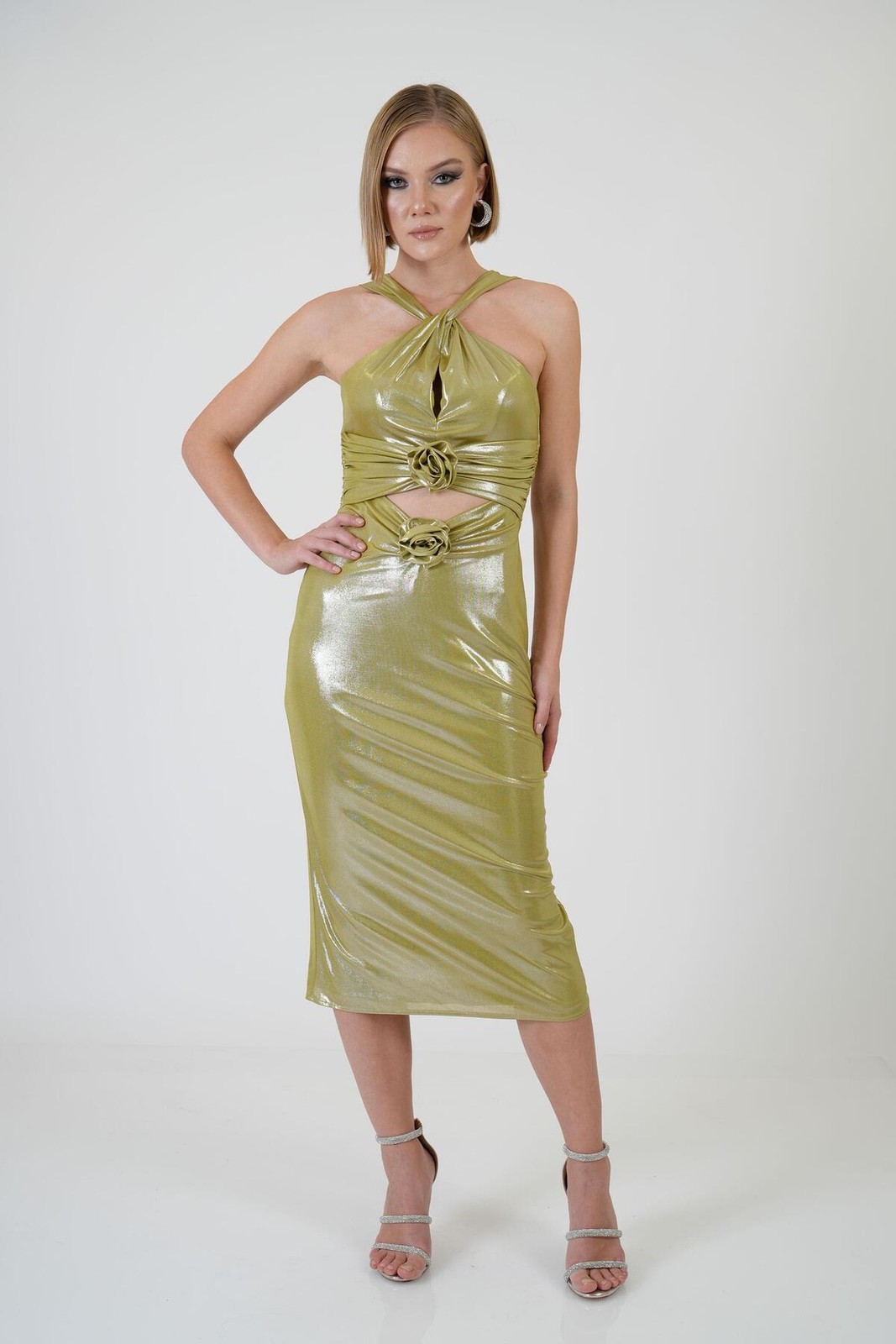 Carmen Pistachio Green Rose Detailed Decollete Sandy Evening Dress