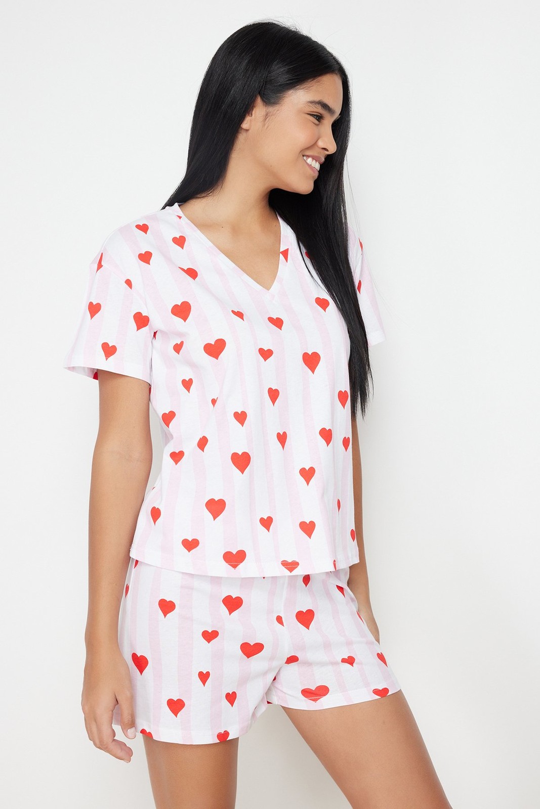 Trendyol Powder-Multicolor Stripe and Heart Knitted Pajama Set