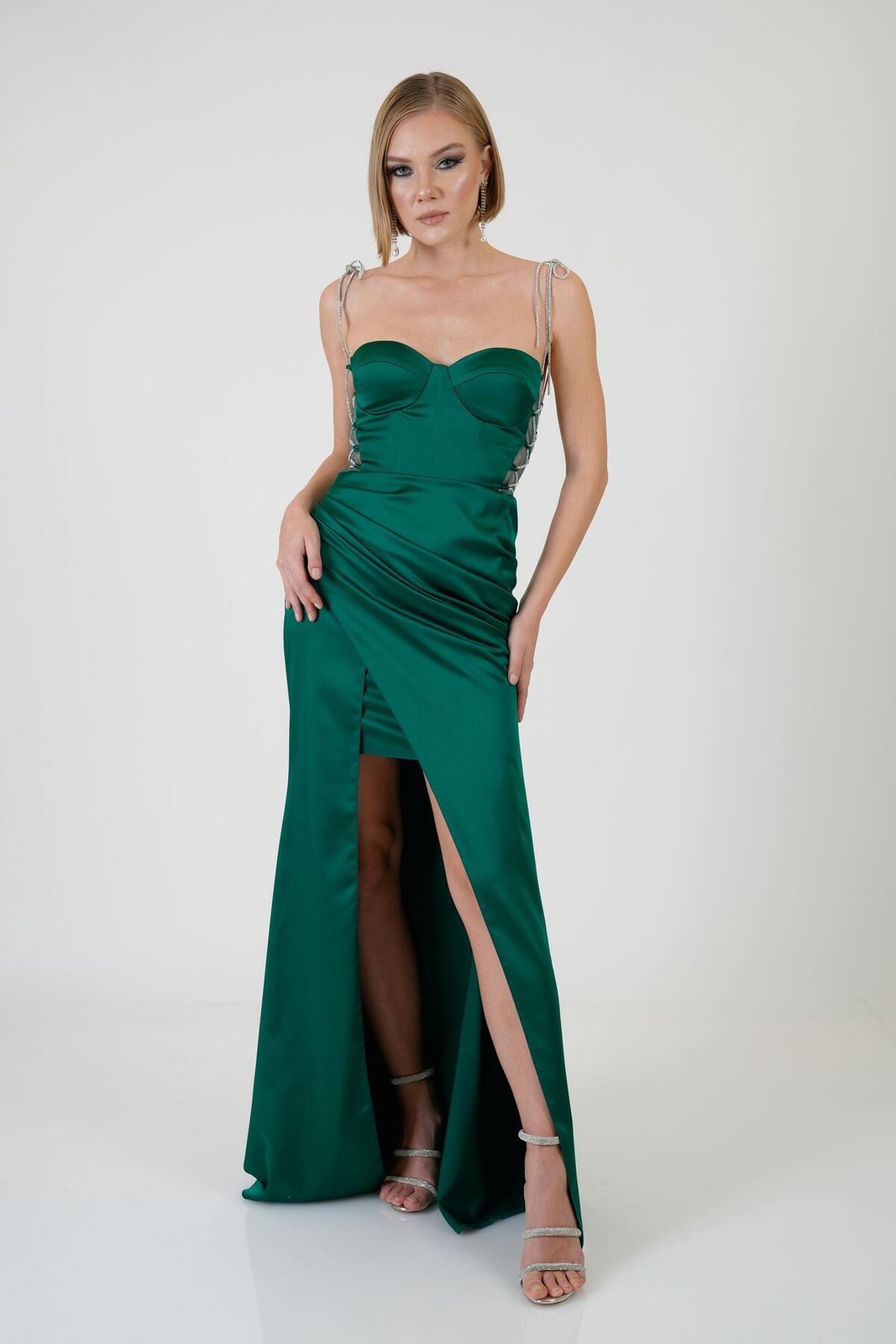 Carmen Emerald Tied Satin Evening Dress