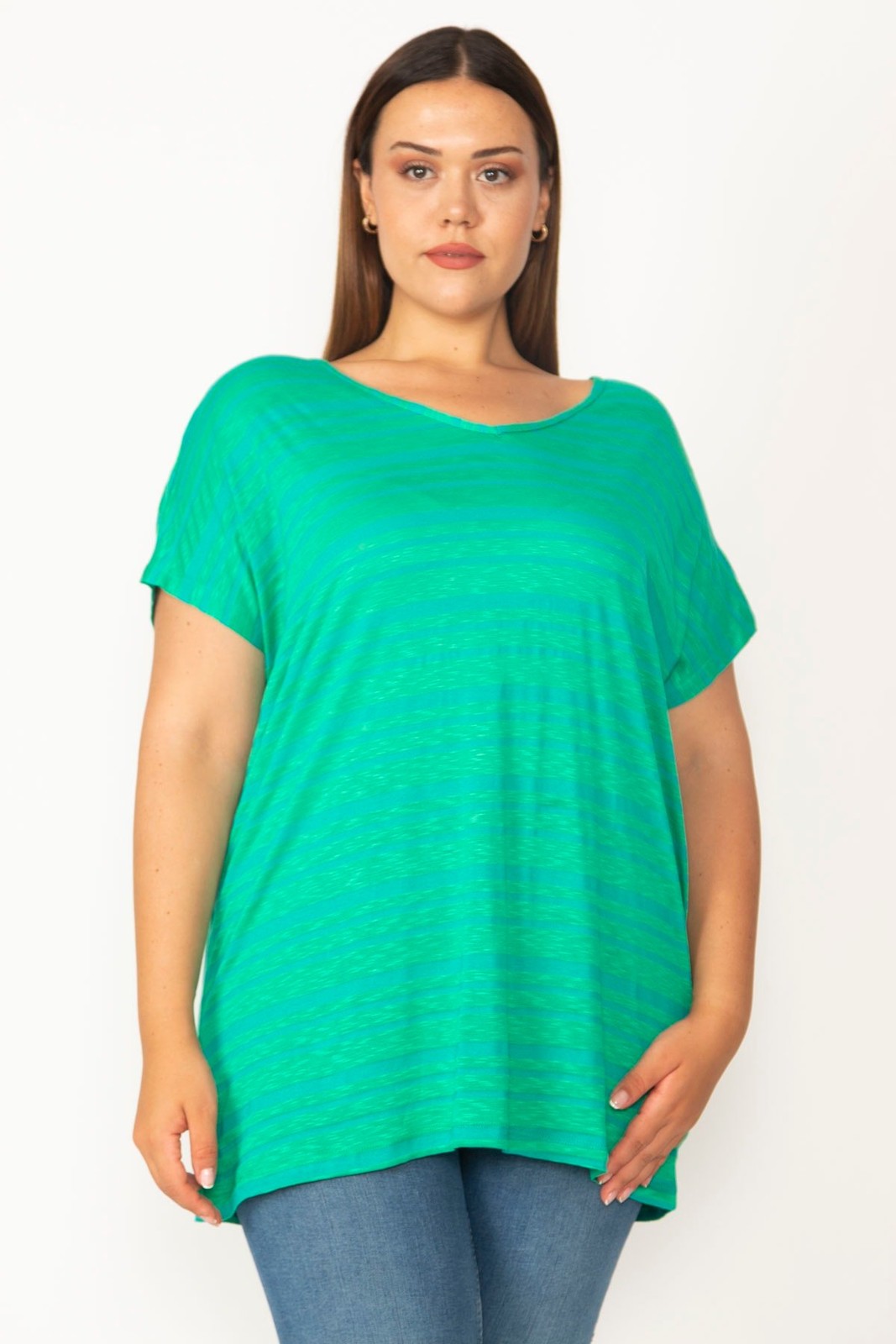Şans Women's Plus Size Green Cross Back Low Sleeve Viscose Striped Blouse