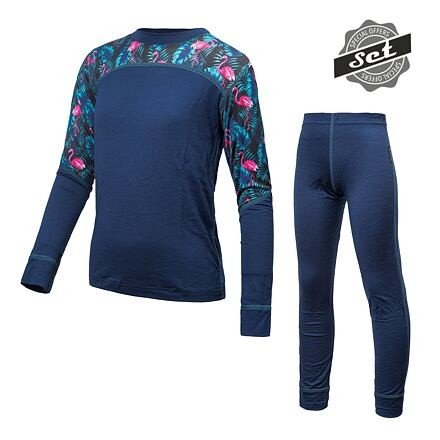 SENSOR MERINO IMPRESS SET dětský triko dl.rukáv + spodky deep blue/floral Velikost: 120