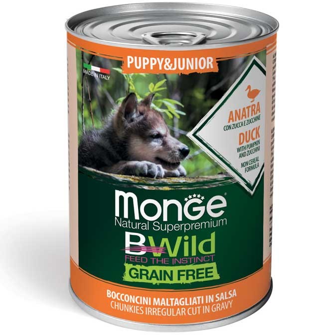 MONGE BWILD DOG Puppy Grain Free, Kachní kousky v omáčce s dýní a cuketou 400g