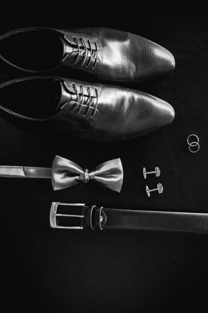 Nadtochiy Umělecká fotografie Black man's shoes, cufflinks, wedding rings,, Nadtochiy, (26.7 x 40 cm)