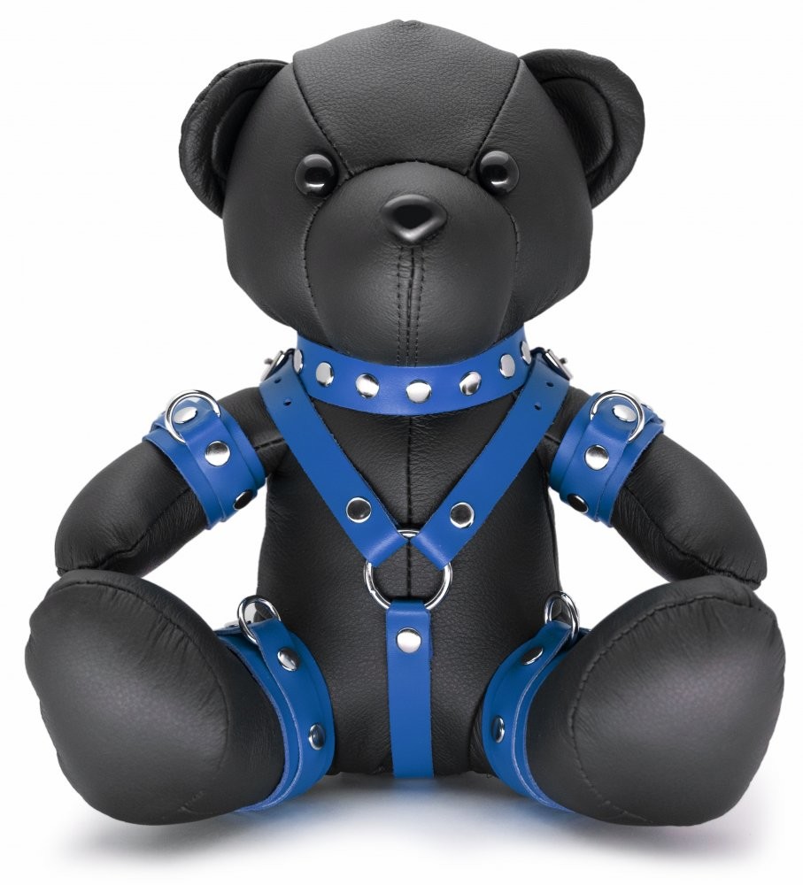 Kožený BDSM medvídek - modrý postroj