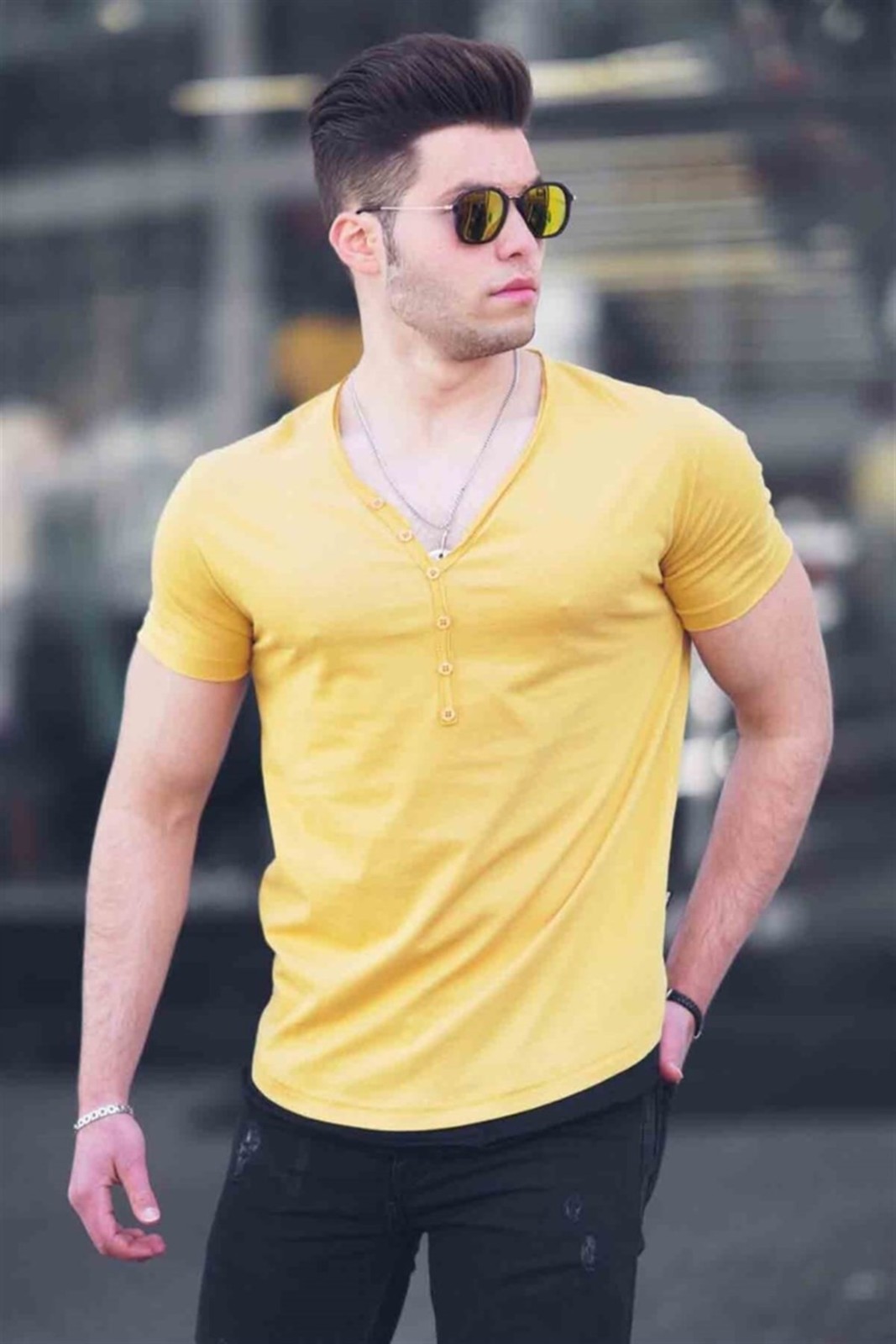 Madmext Men's Buttoned Yellow T-Shirt 4490