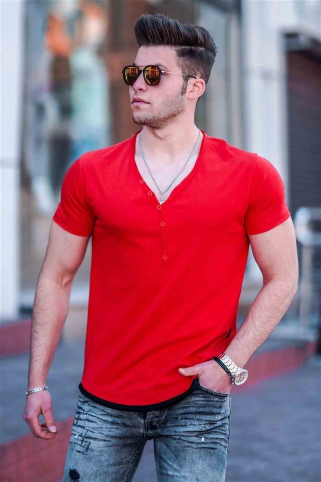 Madmext Men's Red Buttoned T-Shirt 4490