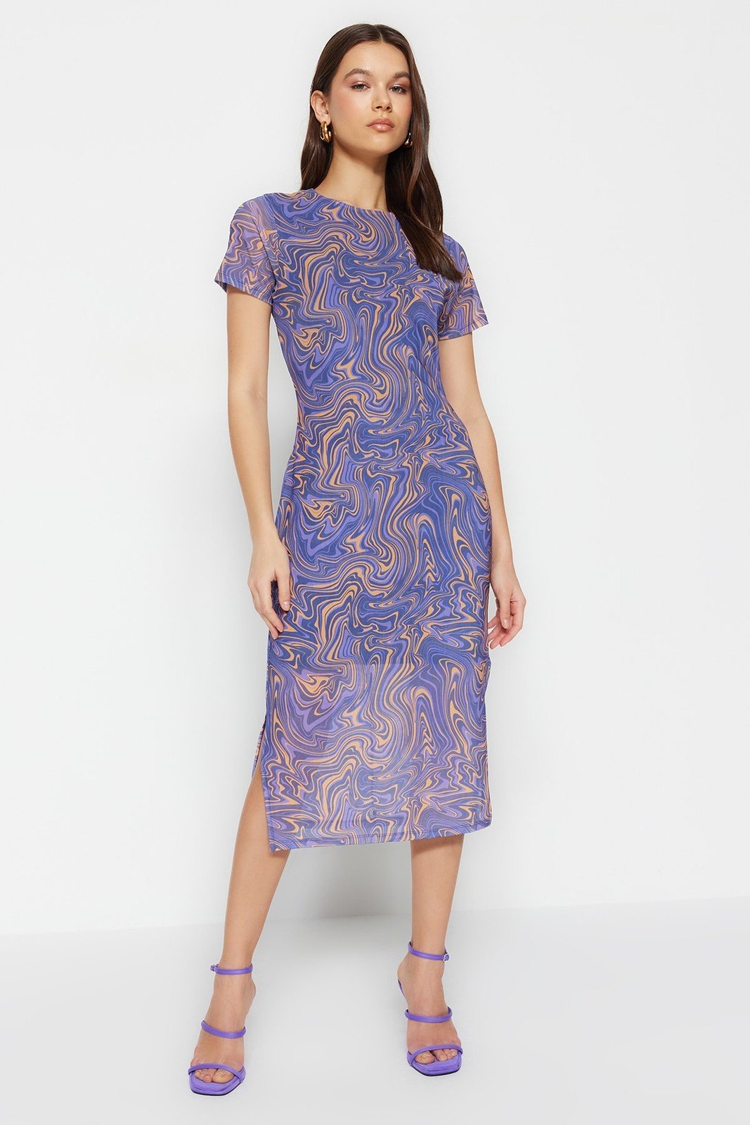 Trendyol Blue Printed Midi Tulle Dress
