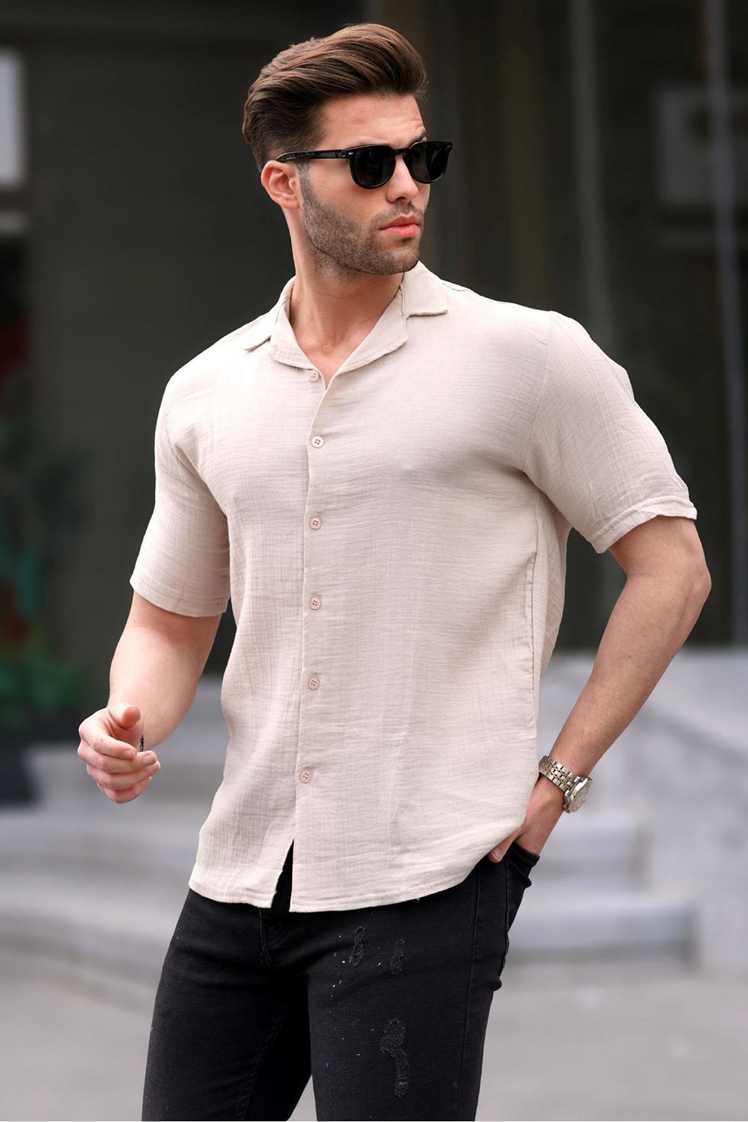 Madmext Beige Men's Short Sleeve Shirt 6706