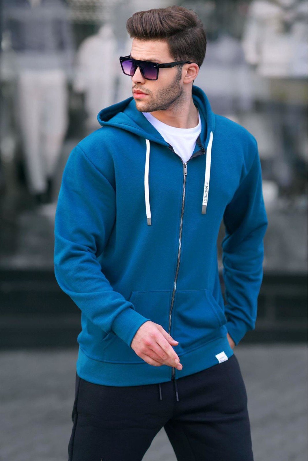 Madmext Petrol Blue Zipper Hooded Sweatshirt 6161