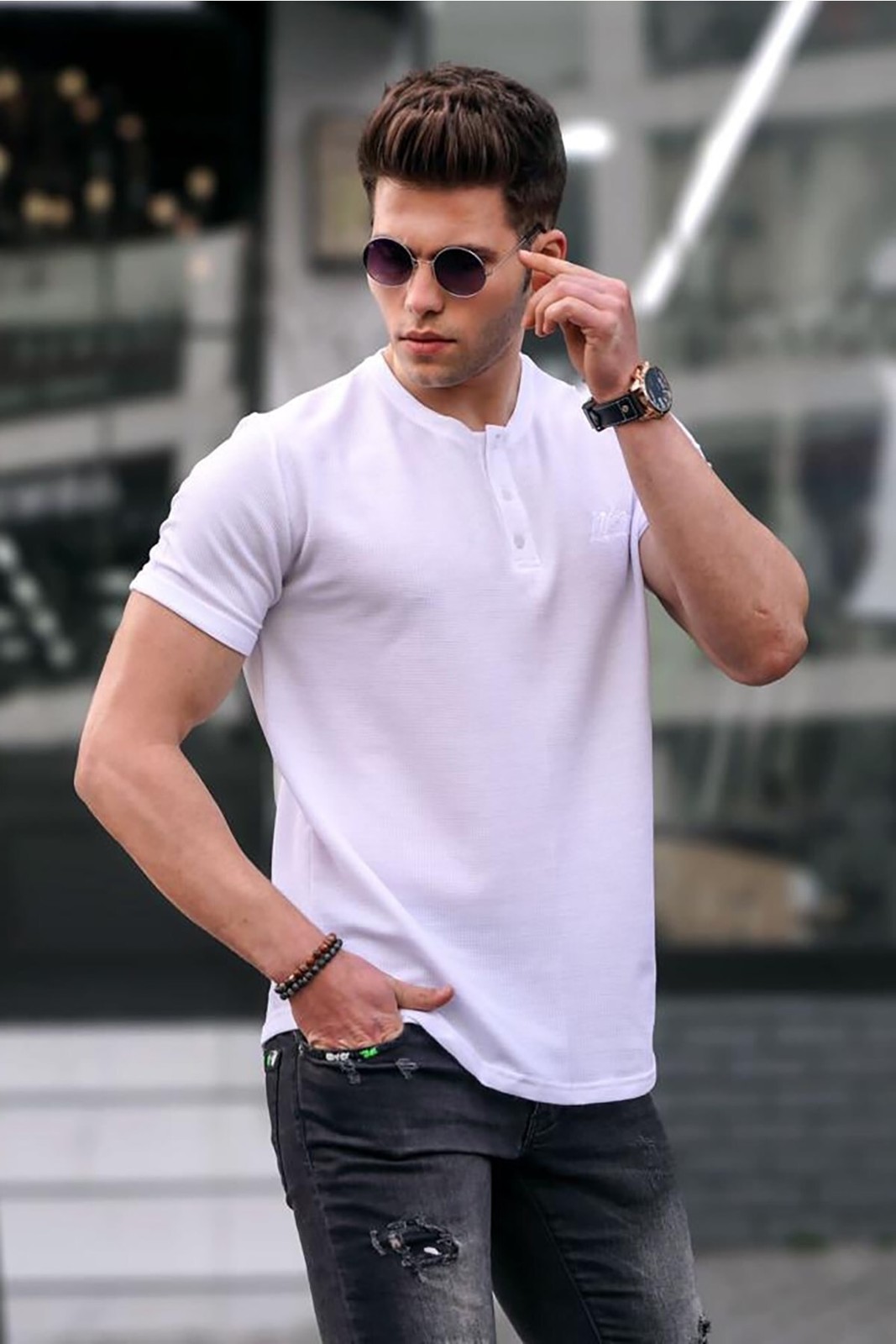 Madmext Men's White Buttoned Knitwear T-Shirt
