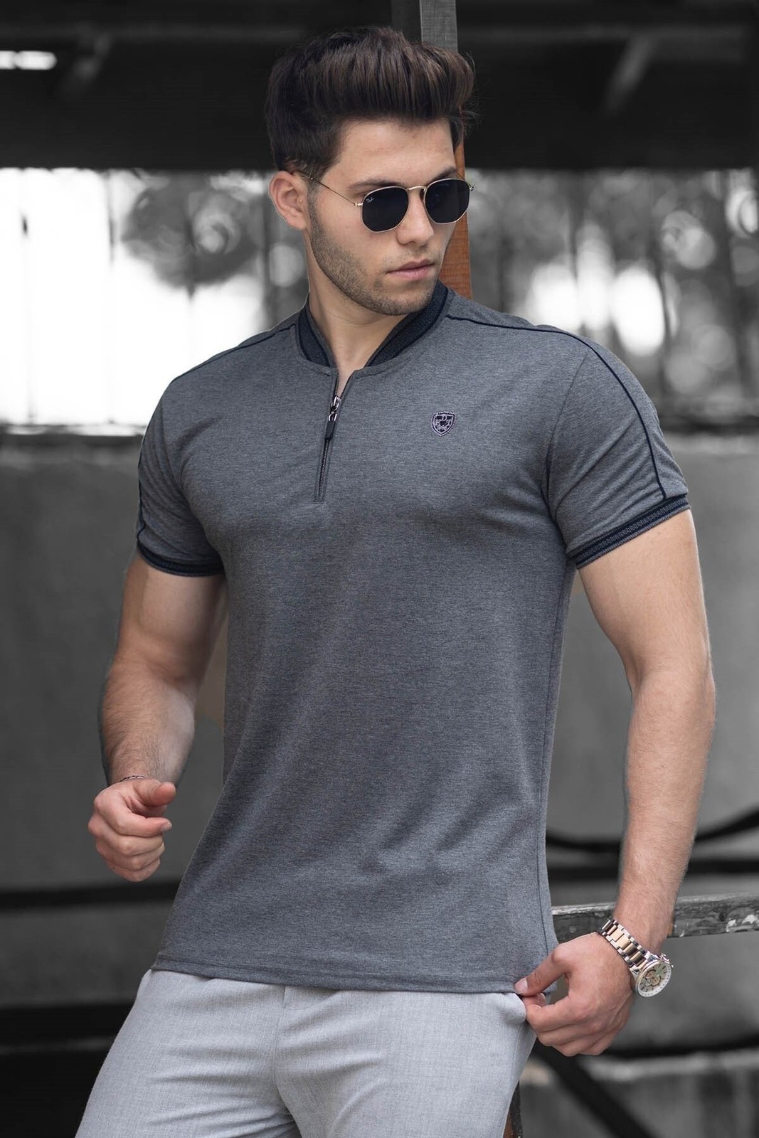 Madmext Anthracite Men's Polo Neck T-Shirt 9281