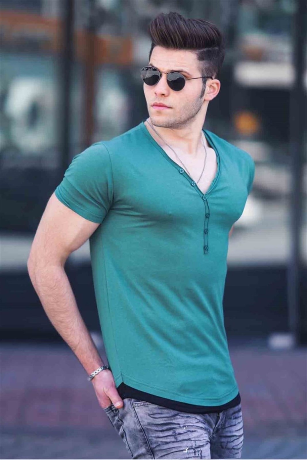 Madmext Men's Buttoned Green T-Shirt 4490