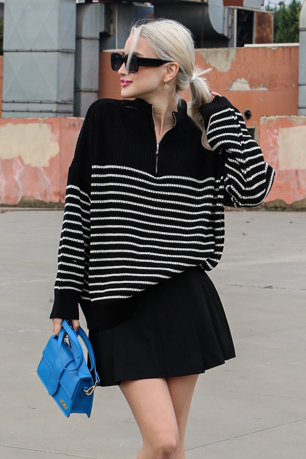 Madmext Women's Black Zipper Striped Sweater