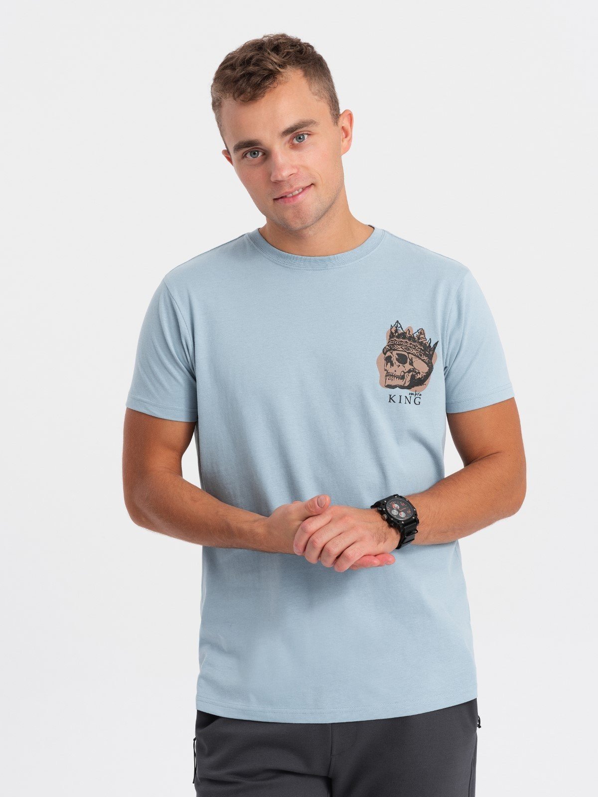 Ombre Men's cotton t-shirt with chest print - light blue