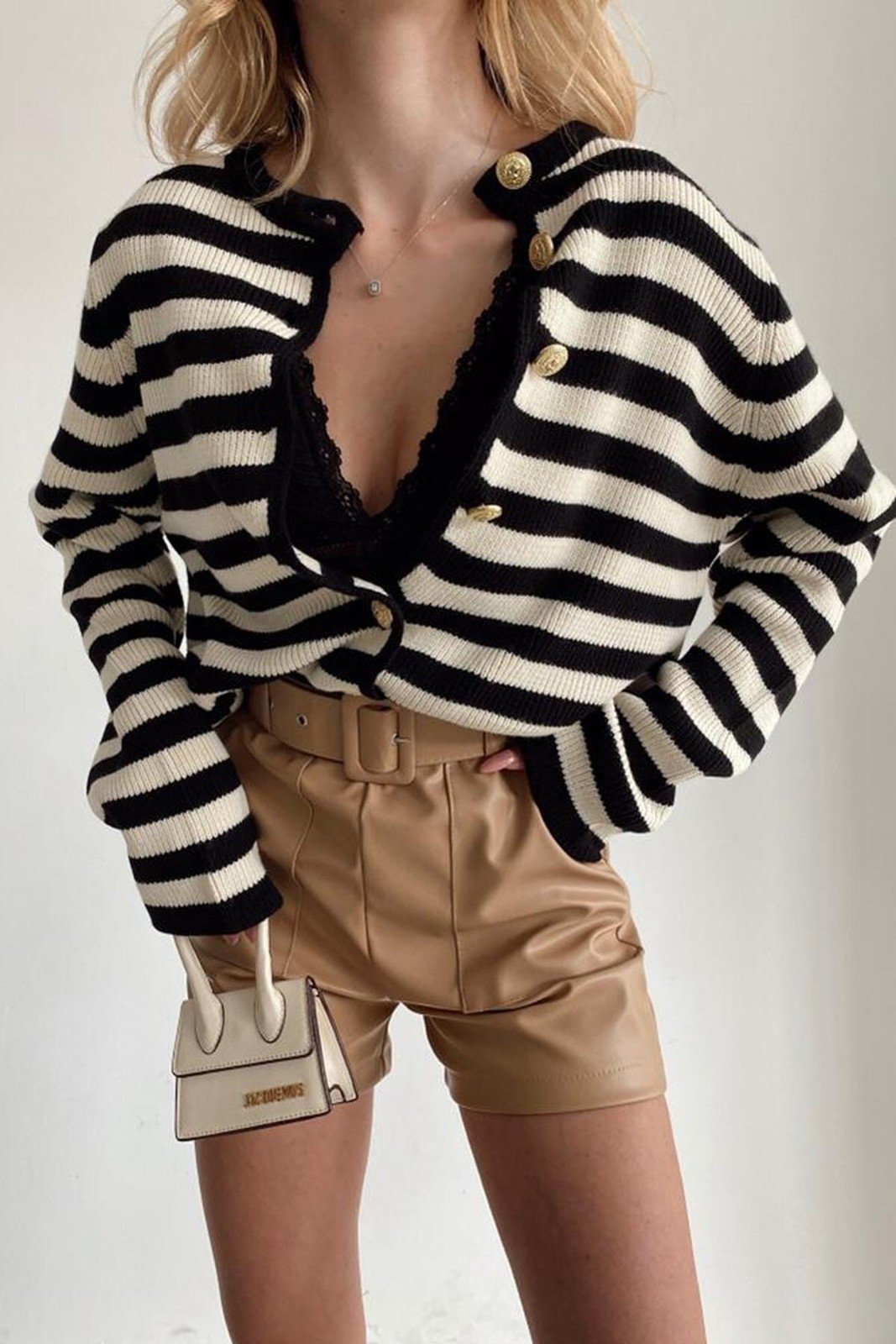 Madmext Black Striped Crew Neck Gold Button Detailed Cotton Cardigan