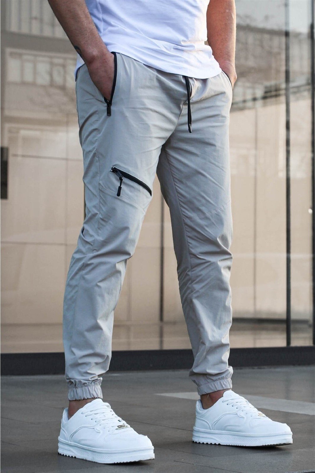 Madmext Beige Zipper Detailed Parachute Jogger Pants