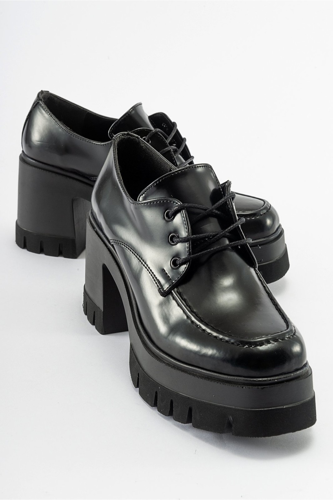 LuviShoes NİLUS Black Matte Patent Leather Lace Up Women's Platform Heeled Shoes