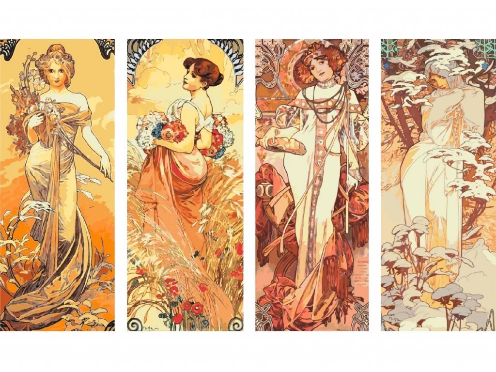 MALUJEŠ Malování podle čísel - A. MUCHA - SET ROČNÍ OBDOBÍ Rozměr: 40x100 cm, Rámování: vypnuté plátno na rám