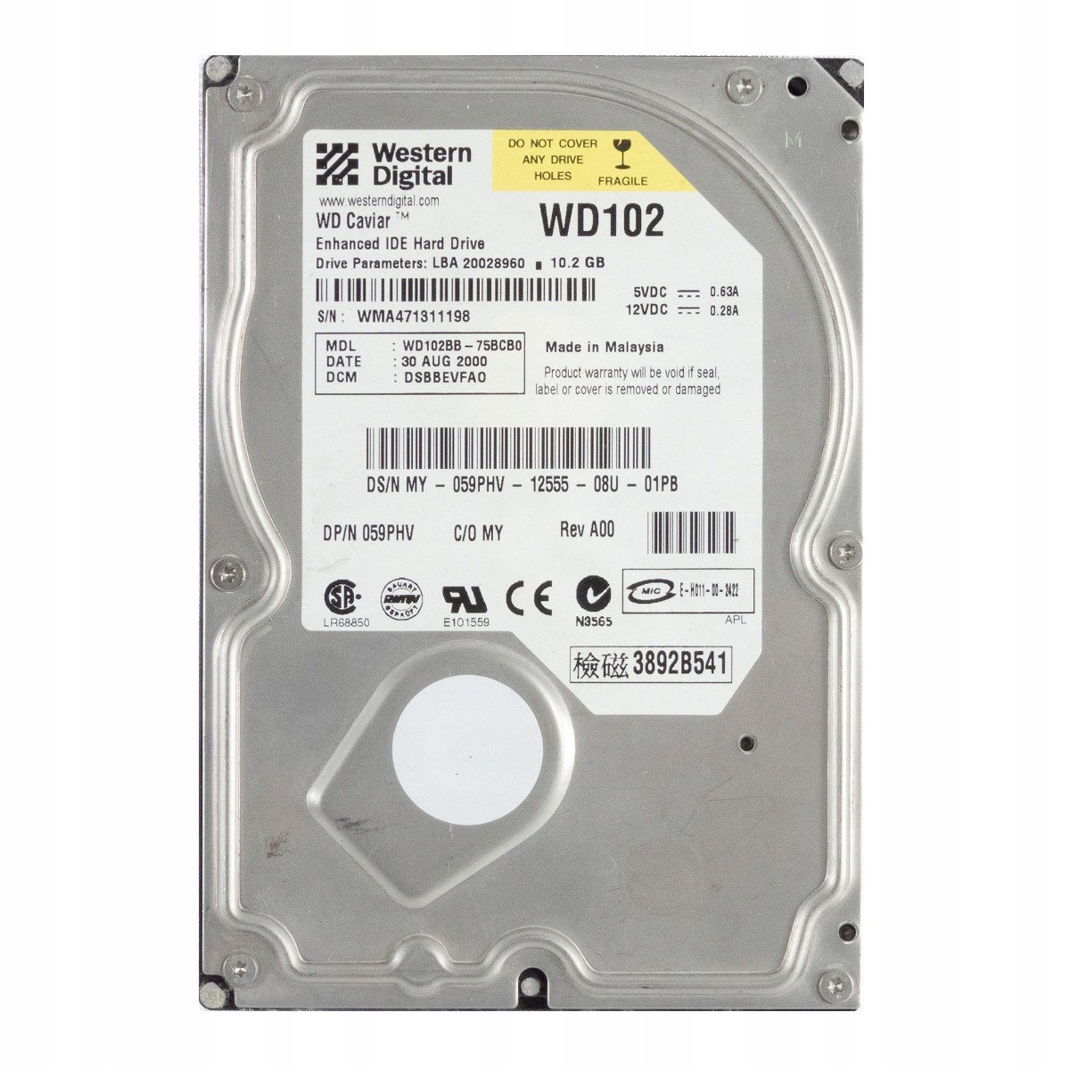 Dell 059PHV 10.2GB 7.2K 2MB Ata 3.5'' WD102BB-75BCB0
