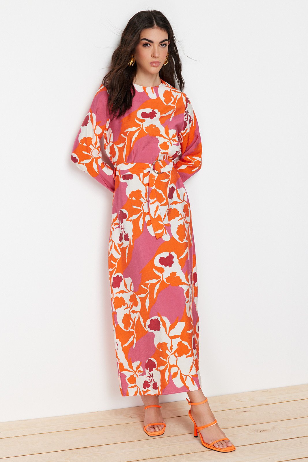 Trendyol Pink Belted Floral Woven Dress