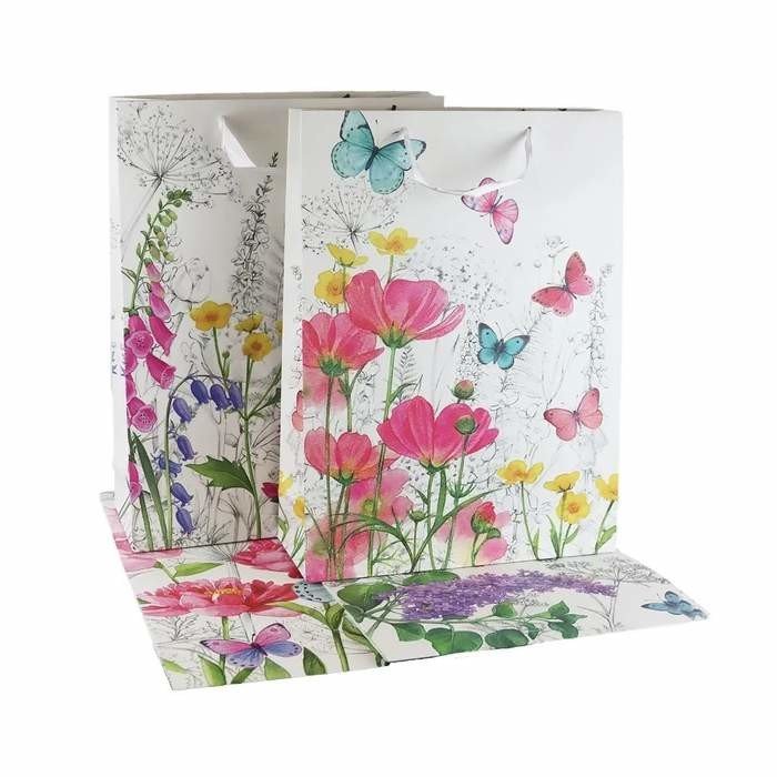 Taška dárková papírová s květy a motýly mix 44cm