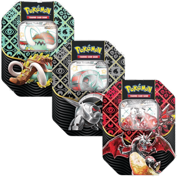 Pokémon Paldean Fates Set 3x Standard Tin Charizard, Great Tusk a Iron Treads