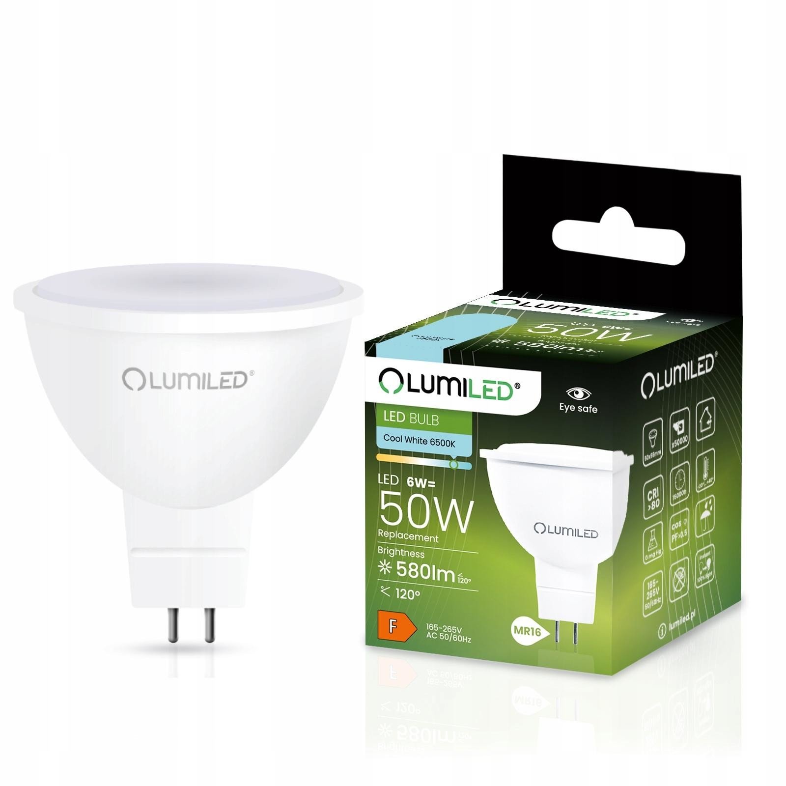 LED žárovka LED GU5.3 MR16 6W = 50W 580lm 6500K Studená bílá 120° 230V LUMILED