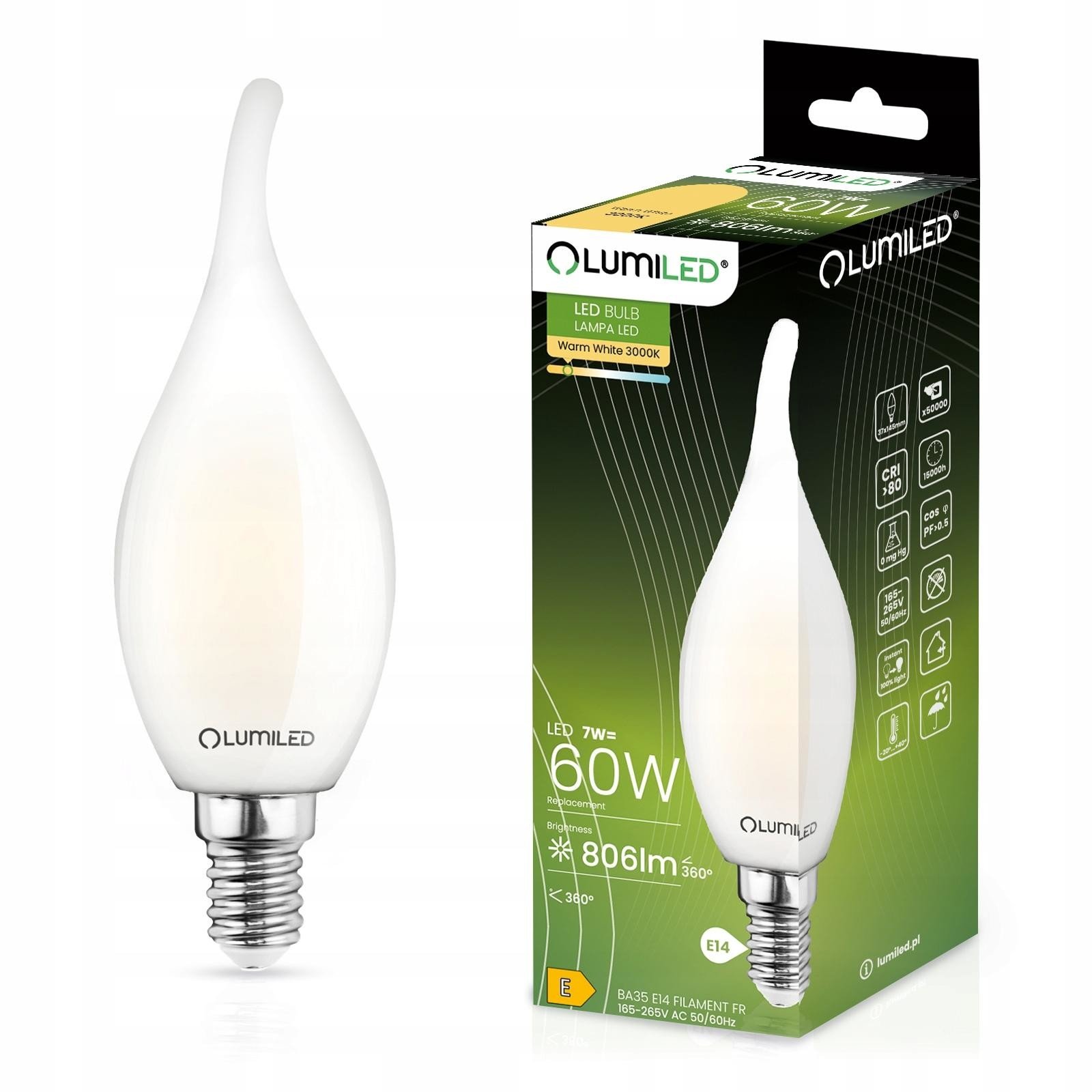 LED žárovka LED Płomyk BA35 E14 7W = 60W 770lm 3000K Teplá bílá 360° Filament Mleczna LUMILED