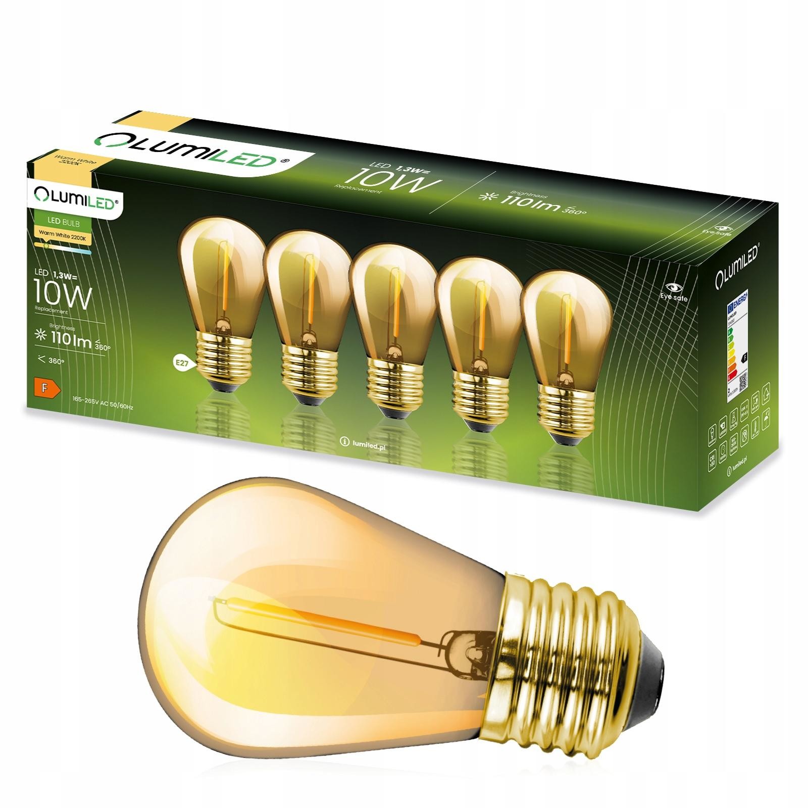 5-PAK LED žárovka LED E27 ST14 1,3W = 10W 2200K Teplá bílá 110lm Filament do Girlandy LUMILED