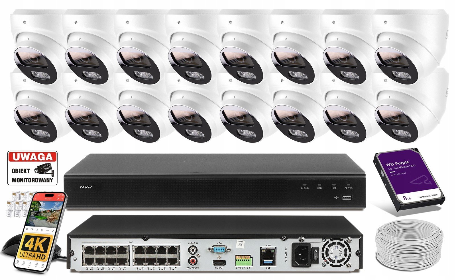 Sada Monitoring 16 Poe kamer 4K Uhd 8Mpx Aplikace, Audio 8TB Dysk
