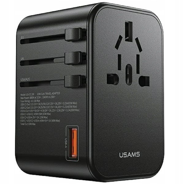 Usams Adaptér USB+2xUSB-C T62 65W 4v1 Us Au Eu Uk černý CC199TC01 US-CC199