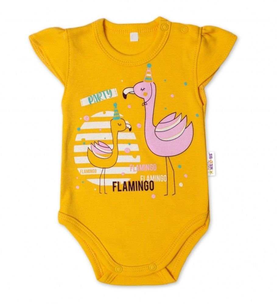 Baby Nellys Bavlněné kojenecké body, kr. rukáv, Flamingo - hořčicové