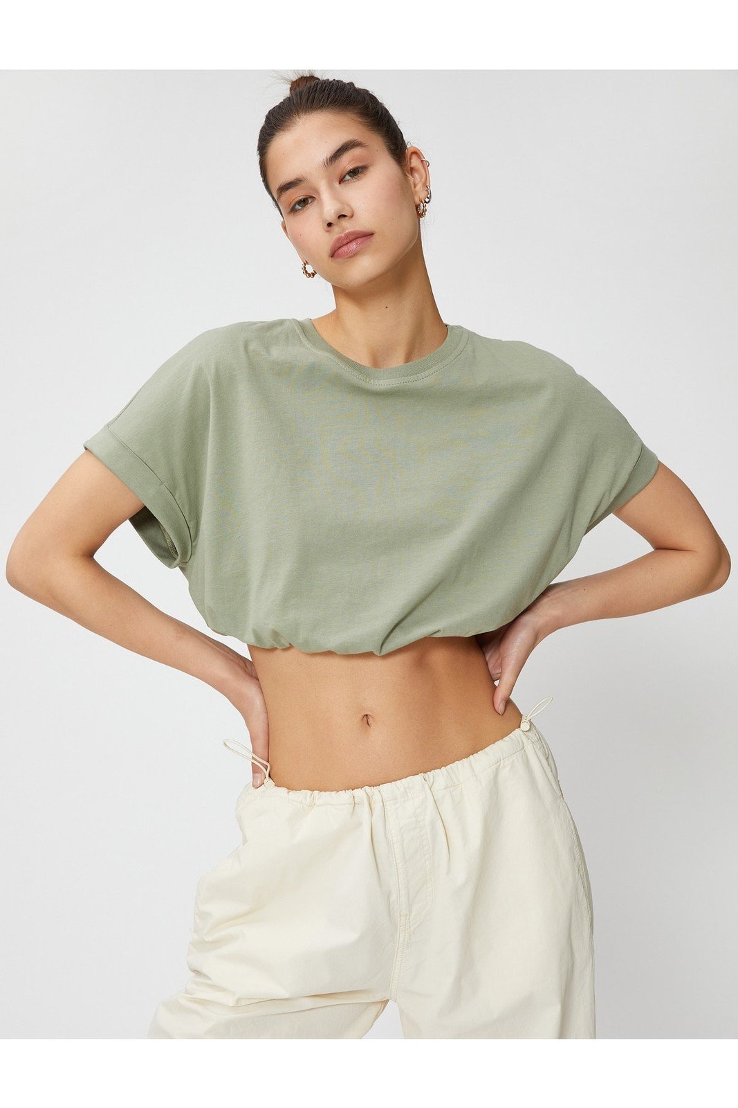 Koton Crop T-Shirt Crew Neck Short Sleeve Elastic Waist